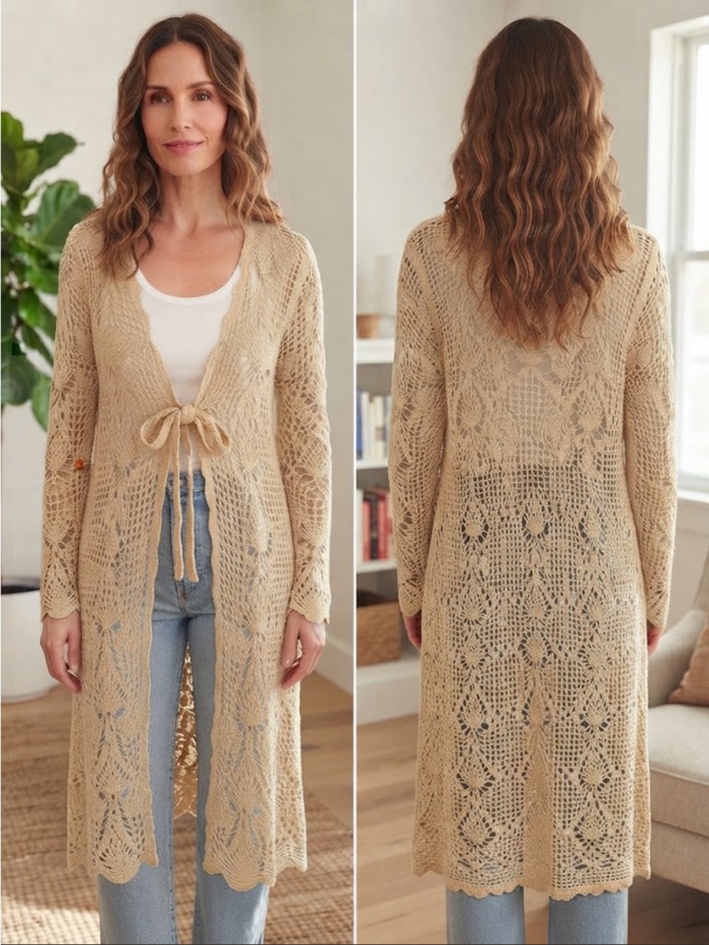 Vintage George Boho Crochet Open Knit Long Duster Cardigan Sweet Wheat Large